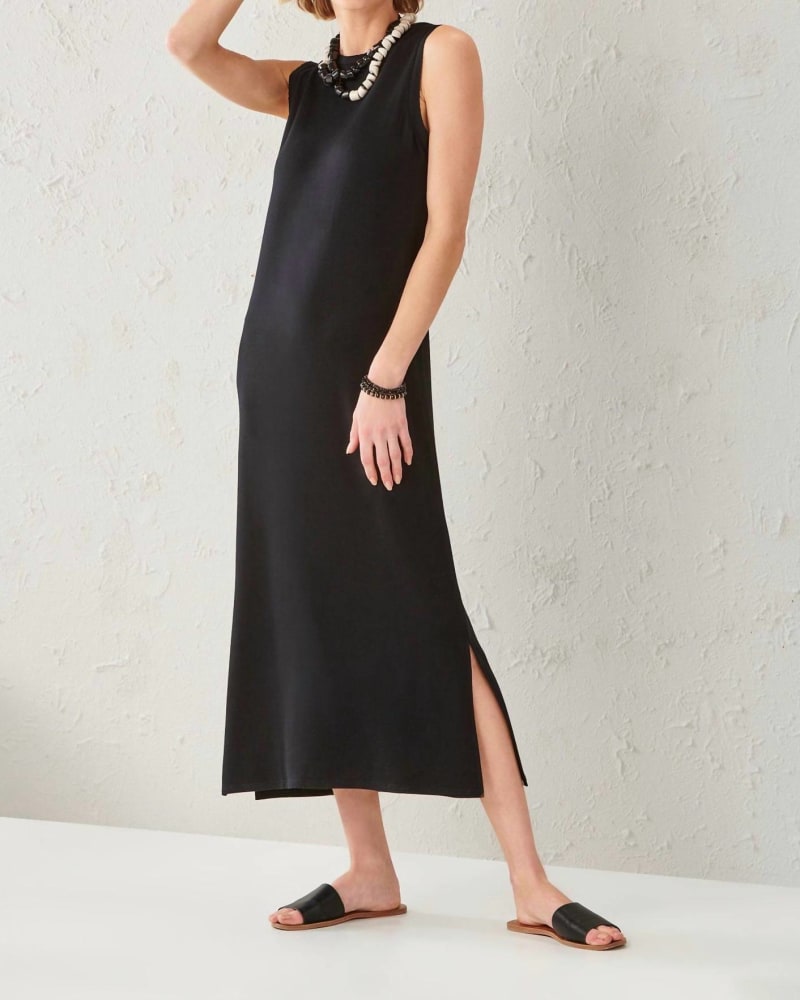 Front of a model wearing a size XLARGE Miami Midi Side Slit Tank Dress In Black in Black by Charlie Paige. | dia_product_style_image_id:342342